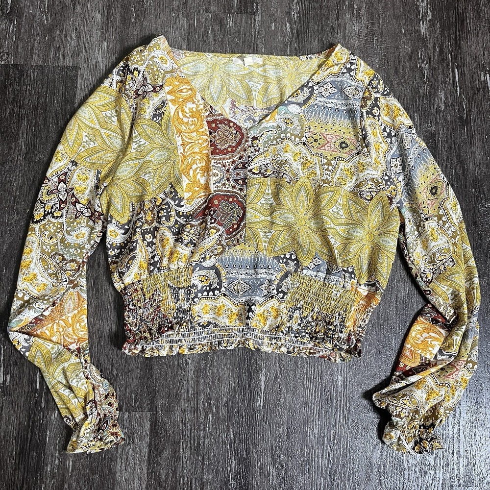 Easel Women's Long Sleeve Top L Blouse Boho Floral Paisley V-Neck Blouse